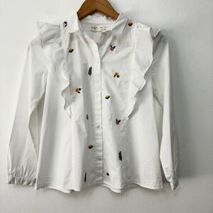 Zara Girls Embroidered Flower Ruffle Button Down Shirt Size 10